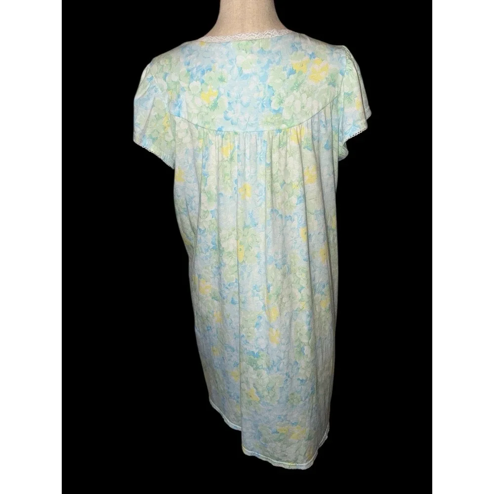 Miss Elaine Nightgown Womens Large Blue Floral Lace Trim Short Sleeve Knit Gown